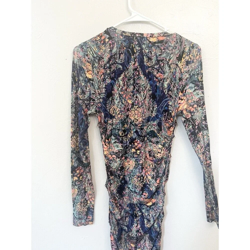 Nicole Miller Artelier Dress Size Small Floral Blue Ruched Long Sleeve Midi $199